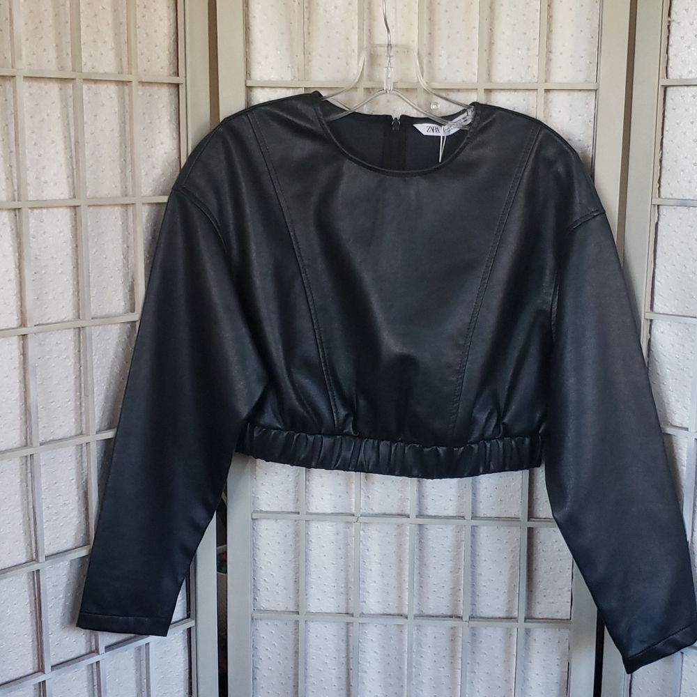 Zara black long sleeve faux leather crop top S